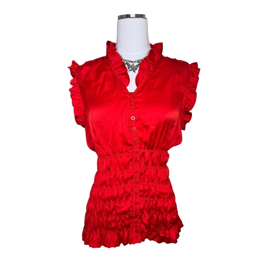 Y2K Agora Red Satin Ruffle Bloomer Button Blouse Size Large